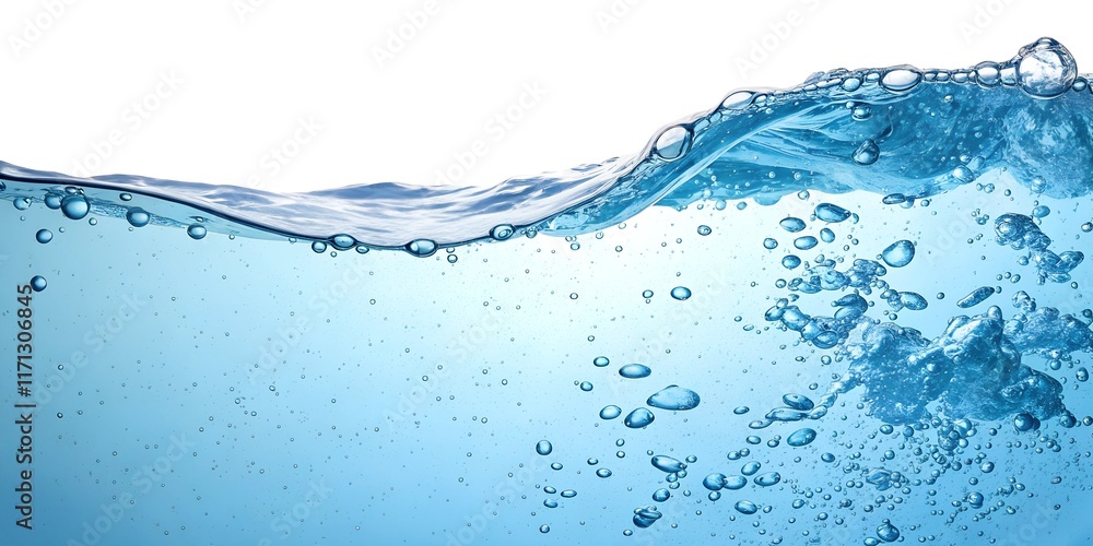 Fresh Blue Water Wave with Bubbles on White Background - Natural Hydration Panorama Fresh Blue Water Wave with Bubbles on White Background - Natural Hydration Panorama