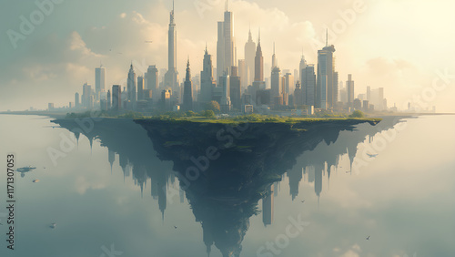 Abstract cityscape design. Futuristic floating islands concept. Ultra realistic digital art. Impossible shapes and structures in architecture. photo