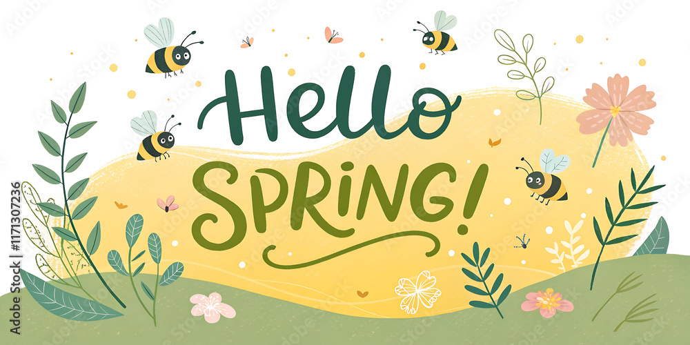 Fototapeta premium Cheerful hello spring design featuring bold script and sunny yellow background for seasonal greeting cards.