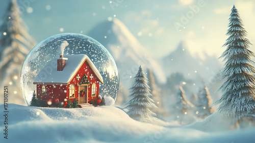 Christhmas snowglobe with a little santa claus house in the winter with snow and trees, 3d rendered. Snowglobe. Illustration photo