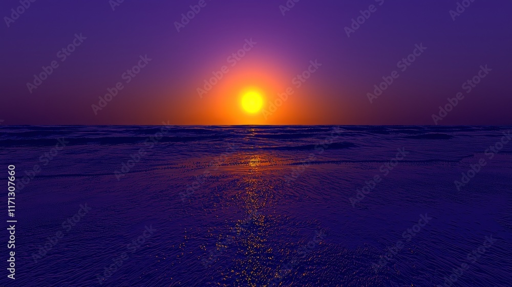 Obraz premium Sunset over the ocean with vibrant purple and orange hues.