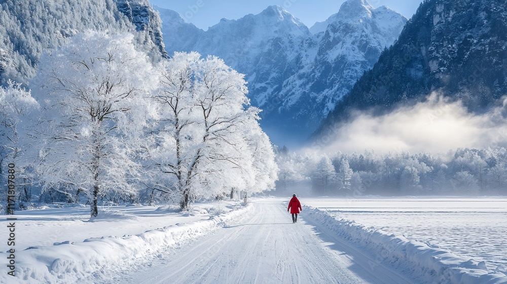 Person in red coat walks snowy road in winter mountain landscape. Person in red coat walks snowy road in winter mountain landscape.