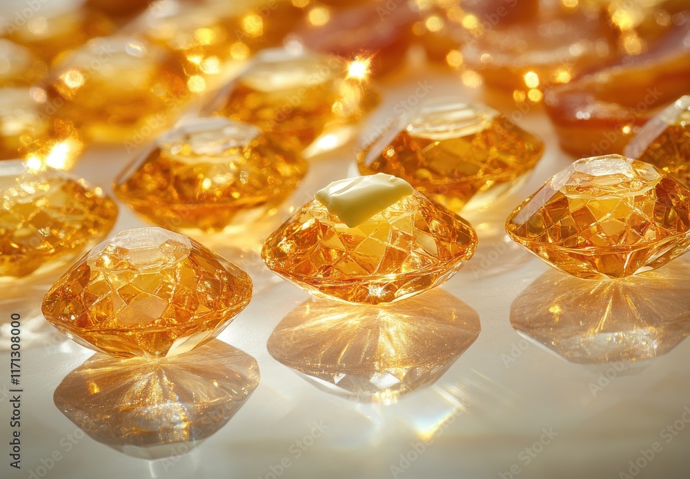 Sparkling Amber Gems on a Reflective Surface Creating a Glowing and Magnificent Display of Light and Color in an Artistic Composition Sparkling Amber Gems on a Reflective Surface Creating a Glowing and Magnificent Display of Light and Color in an Artistic Composition