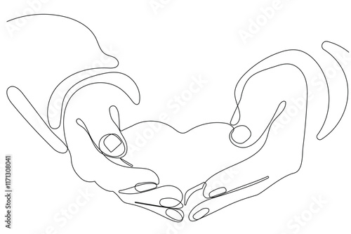 Continuous one line drawing hand holding heart. Charity donation linear symbol. Vector isolated on white. Vector illustration