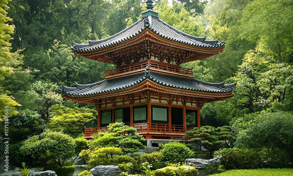 Two-Story Japanese Pagoda nestled in a lush, green garden. Two-Story Japanese Pagoda nestled in a lush, green garden.