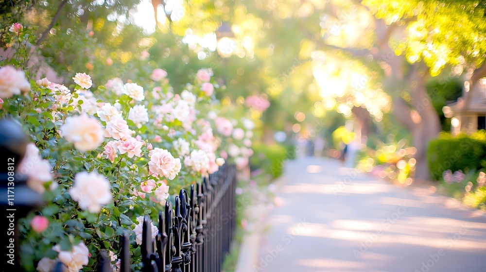 Sunlit path lined with blooming roses and an ornate fence. Sunlit path lined with blooming roses and an ornate fence.