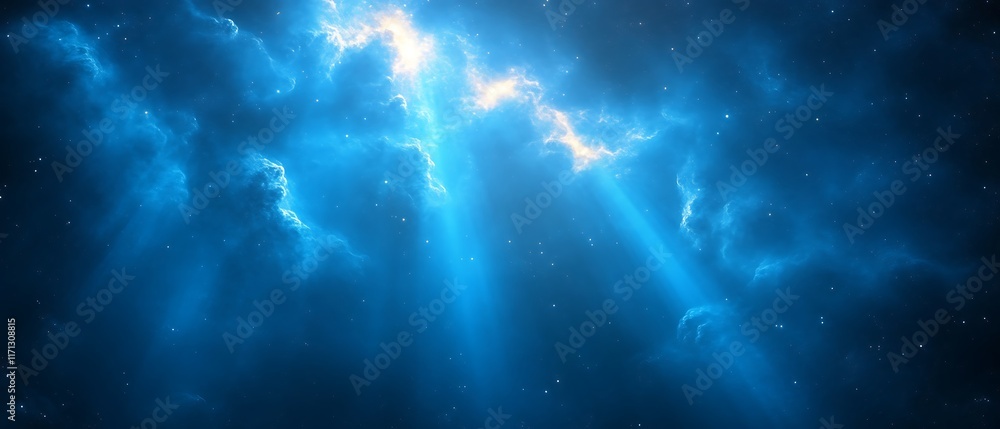 Naklejka premium Bright light shining through dark blue clouds.