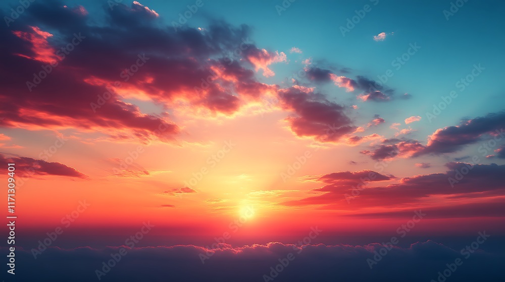 Fototapeta premium Vibrant sunset with fiery clouds and sun above the clouds.