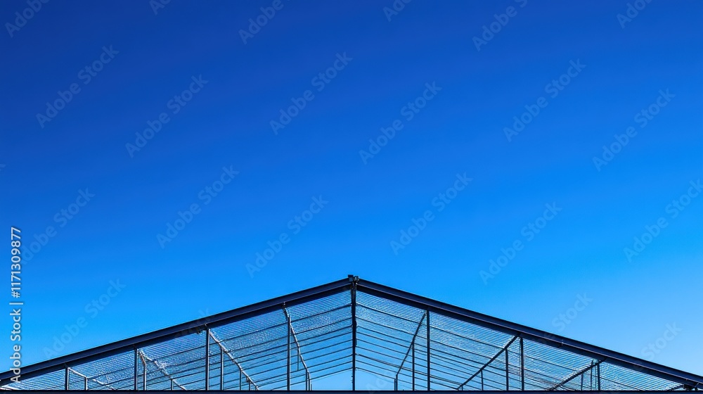A greenhouse structure against a clear blue sky, showcasing its design and purpose. A greenhouse structure against a clear blue sky, showcasing its design and purpose.