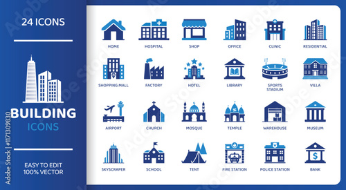 BUILDING  - Icon Collection. Thin Line Set contains such Icons as House, Office, Bank, School, Hotel, City, Villa, Hospital and more. Simple web icons set.