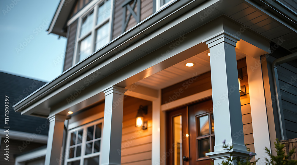 Close-up view of a house's front porch at dusk. Features a covered porch with white columns, warm-toned siding, and recessed lighting. A portion of a neighboring house is visible. Close-up view of a house's front porch at dusk. Features a covered porch with white columns, warm-toned siding, and recessed lighting. A portion of a neighboring house is visible.