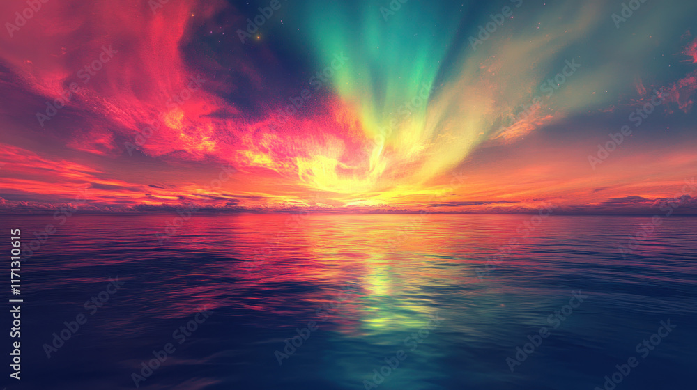 Fototapeta premium Vibrant sunset over calm ocean with aurora borealis reflection.