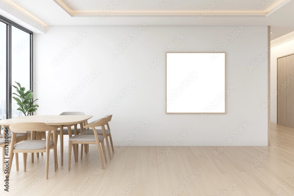 Fototapeta premium Plain white mockup poster frame on a feature wall in a modern luxury apartment living room.