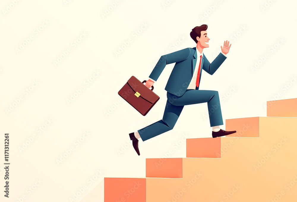 cartoon, a businessman with a briefcase runs late up the stairs cartoon, a businessman with a briefcase runs late up the stairs