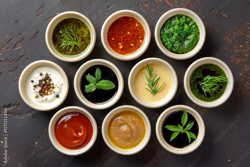 Large collection of sauces and spiced spreads in small jars. Big Set of colored dipping sauces in Crockery. Different types of dressing, mayonnaise, mustard, soy sauce, oil and ketchup on a black. Large collection of sauces and spiced spreads in small jars. Big Set of colored dipping sauces in Crockery. Different types of dressing, mayonnaise, mustard, soy sauce, oil and ketchup on a black.