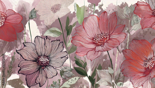 Floral pattern with colorful blossoms and leaves in a seamless decorative design