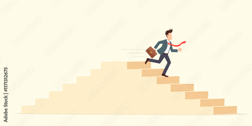cartoon, a businessman with a briefcase runs late up the stairs cartoon, a businessman with a briefcase runs late up the stairs