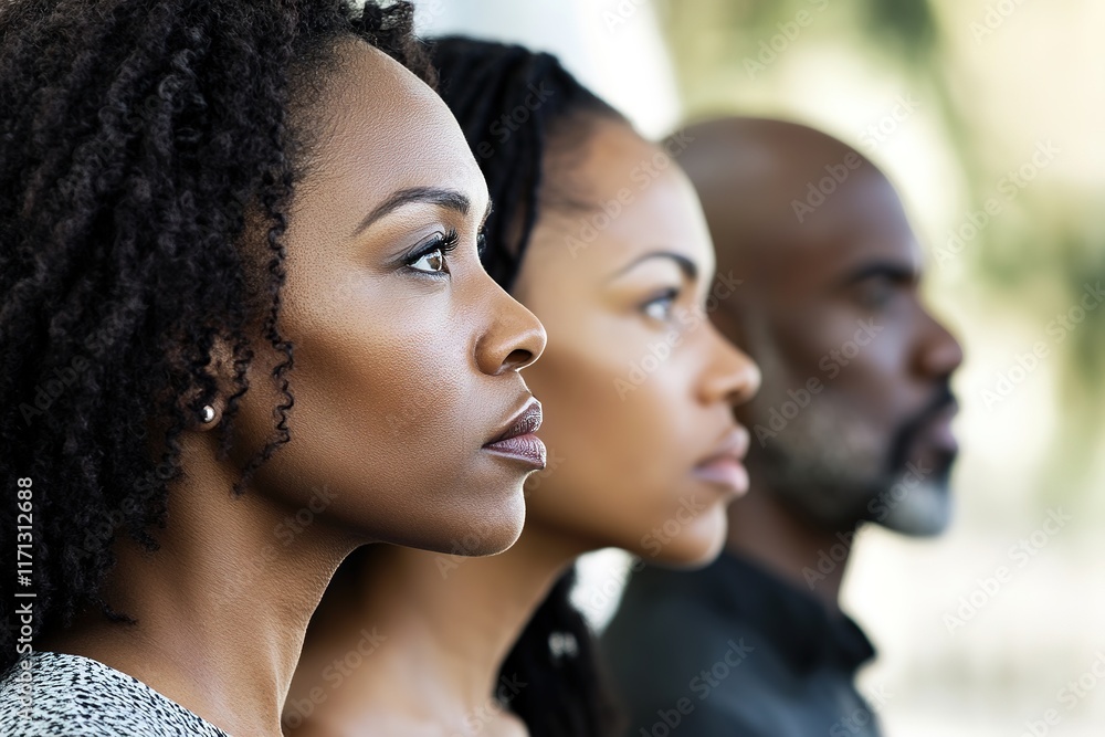 Obraz premium Side profile of three African American individuals with focus on woman