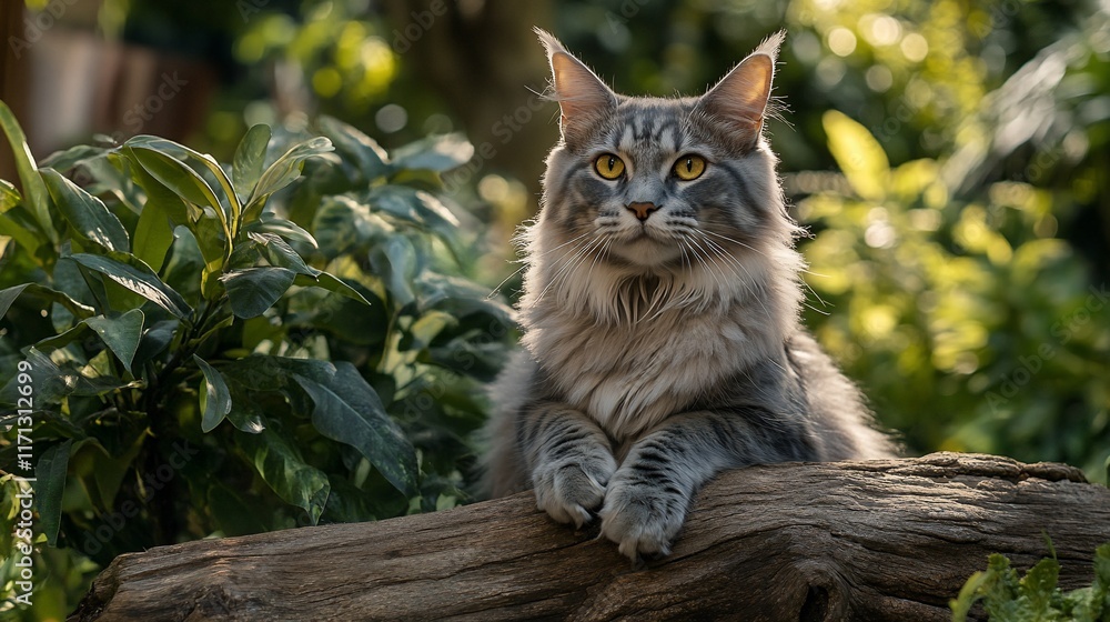 Majestic Maine Coon cat resting on a log in a garden. Majestic Maine Coon cat resting on a log in a garden.