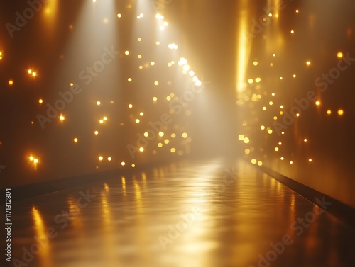Golden stage lights illuminate a dark room with a reflective floor.