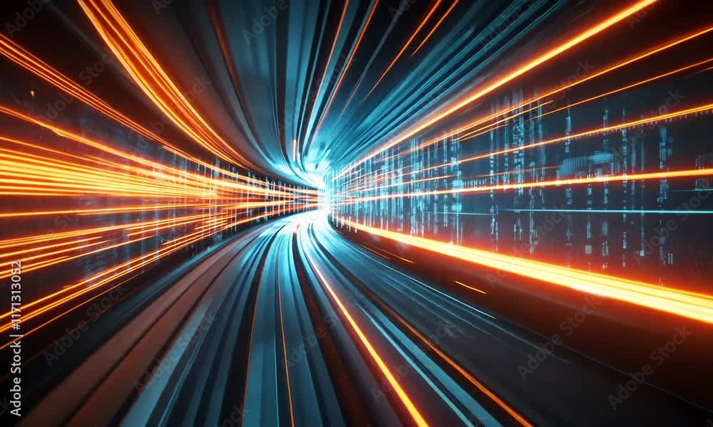 A futuristic digital tunnel with vibrant blue and orange light streaks and data visuals. A futuristic digital tunnel with vibrant blue and orange light streaks and data visuals.
