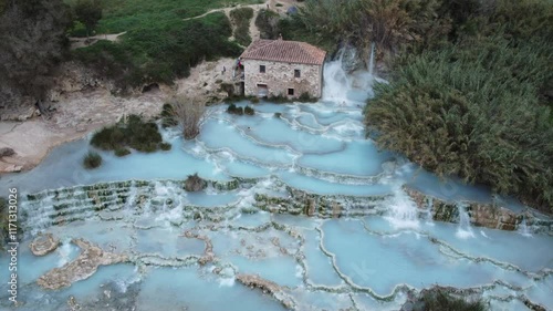 Drone Shot of Cascate del Mulino’s Travertine Terraces