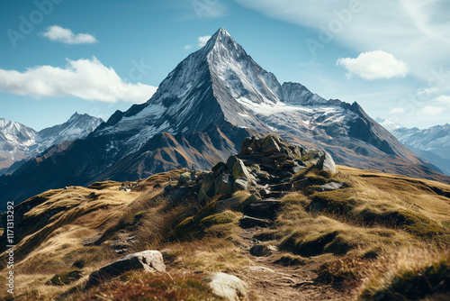 depiction captures grandeur of a mountain peak, showcasing its rough landscape, expansive views, and feeling of achievement and harmony with nature that one experiences at such lofty heights photo