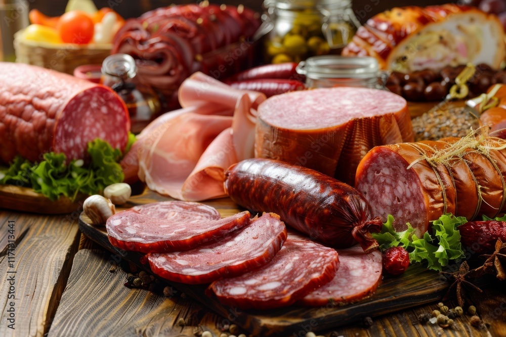 Variety of sausage products. Meat products, Pork, Ham, bacon. Various kinds of sausages on a rustic wooden table among a black wall. Smoked meats on a wood cutting board showcasing deli promotions Variety of sausage products. Meat products, Pork, Ham, bacon. Various kinds of sausages on a rustic wooden table among a black wall. Smoked meats on a wood cutting board showcasing deli promotions
