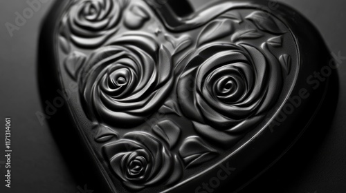 Monochrome image of a chocolate heart with embossed rose patterns, highlighting textures and depth photo