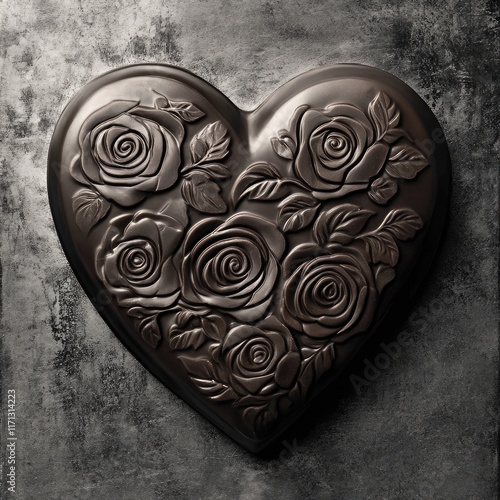 Monochrome image of a chocolate heart with embossed rose patterns, highlighting textures and depth photo