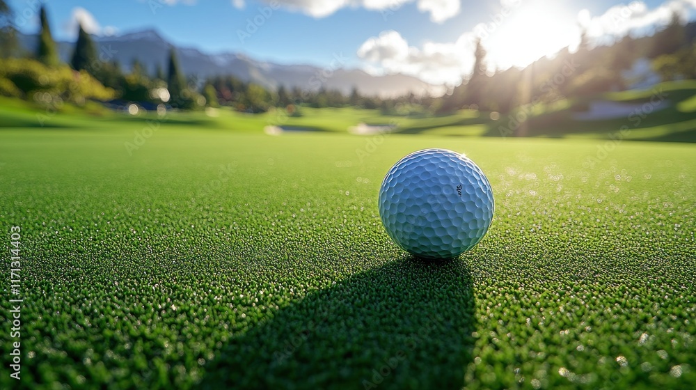 Golf ball on putting green, mountains background. Golf ball on putting green, mountains background.