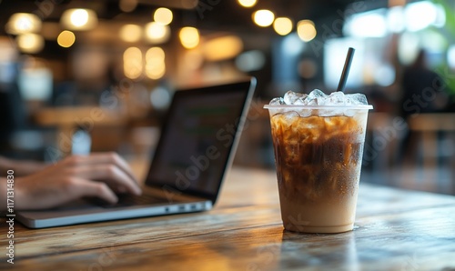 Laptop, iced coffee on table, blurred background.