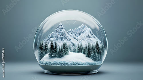 A snowglobe encapsulating a serene, detailed miniature landscape featuring snowy mountainous scenery, encased within a clear glass dome set against a reflective surface. Snowglobe. Illustration