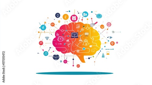 Network theme information technology a creative mind map chart clipart, brainstorming process element, colorful connected nodes, flat design, isolated on white background