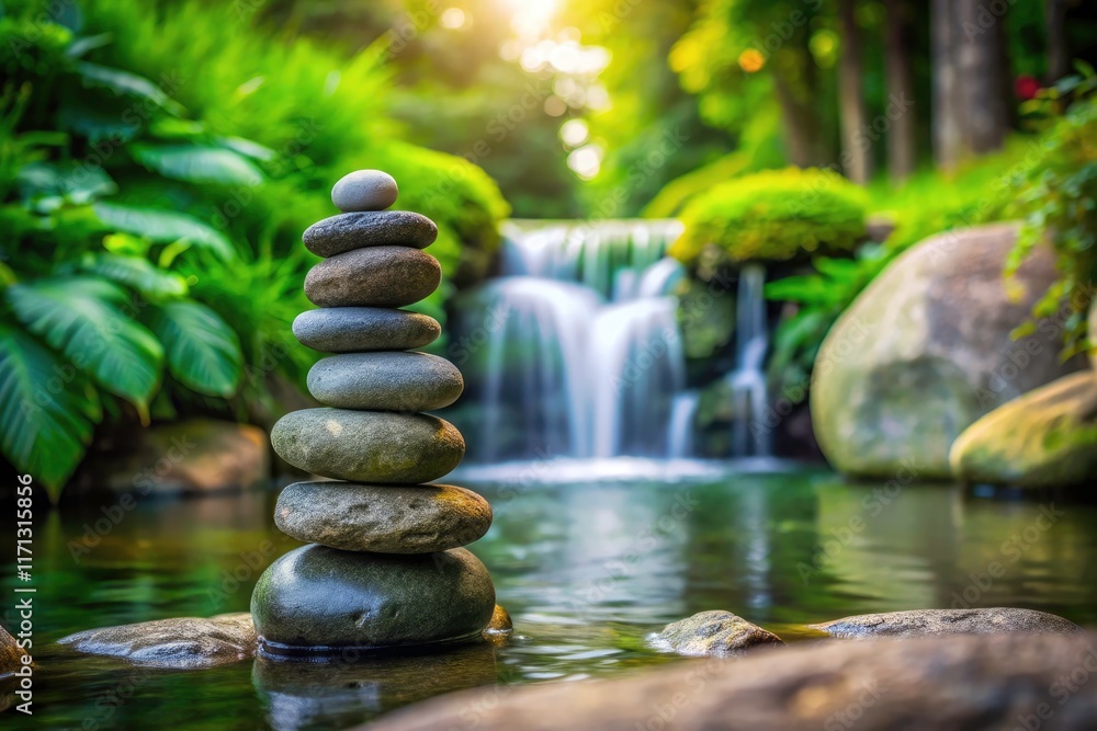 Minimalist waterfall cascades over stacked stones; a tranquil nature photograph. Minimalist waterfall cascades over stacked stones; a tranquil nature photograph.