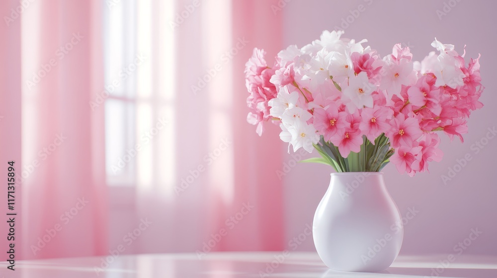 Fototapeta premium A bouquet of pink and white flowers in a white vase on a table with soft lighting.
