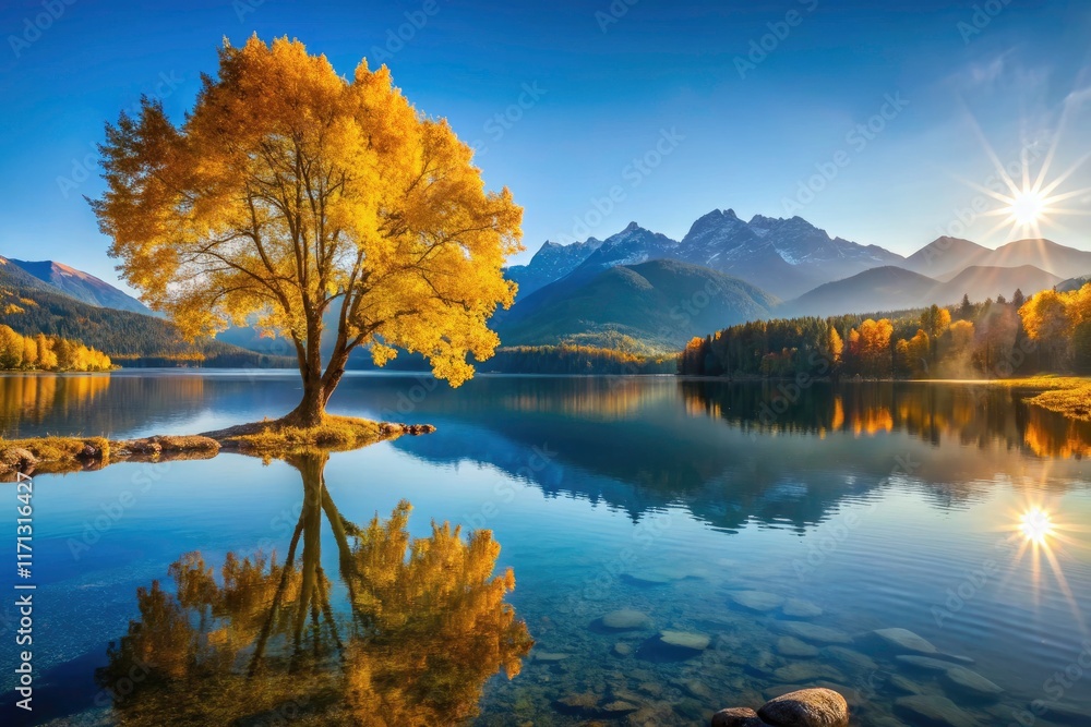 Mountain lake ablaze with autumn color; a drone's-eye view. Mountain lake ablaze with autumn color; a drone's-eye view.