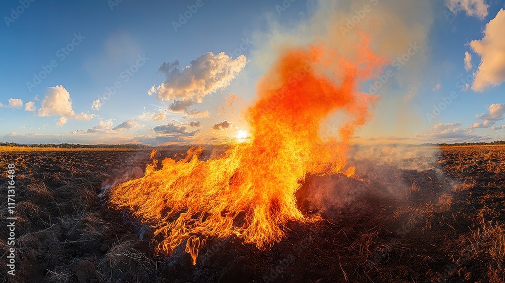 Fototapeta premium Fire Burning Waste on a Large Rural Farm