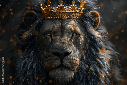 lion with crown, grayscale, portrait, realistic style, dark background, golden highlights,.      photo