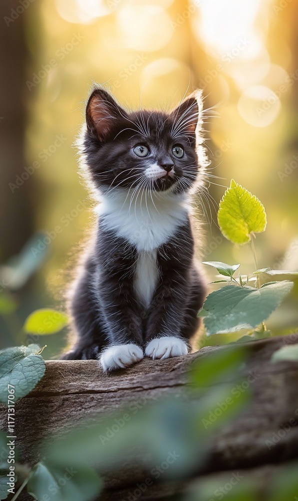 Obraz premium Kitten sits on log, sunlit bokeh.