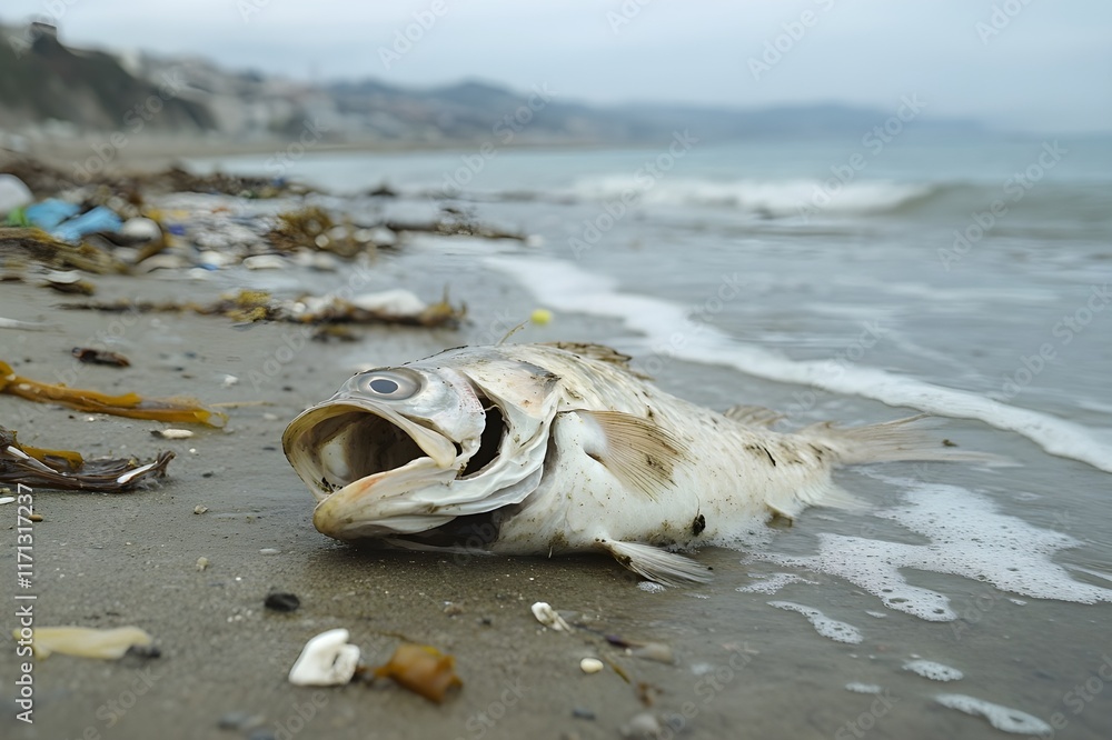 Dead fish on the beach, lifeless, lifeless eyes and damaged scales. Beaches are full of garbage, the sea is polluted. The effects of water pollution on marine life and the environment. Dead fish on the beach, lifeless, lifeless eyes and damaged scales. Beaches are full of garbage, the sea is polluted. The effects of water pollution on marine life and the environment.
