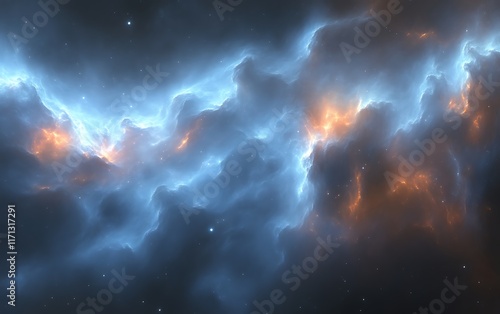 Cosmic nebula with blue and orange glowing clouds.