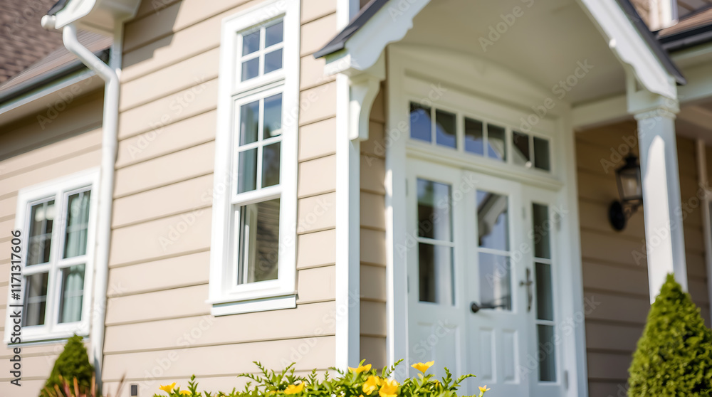 Close-up view of a light beige clapboard house's entrance. Features white-framed windows and a white door with multiple panes of glass. Landscaping with yellow flowers is visible at the base. Close-up view of a light beige clapboard house's entrance. Features white-framed windows and a white door with multiple panes of glass. Landscaping with yellow flowers is visible at the base.
