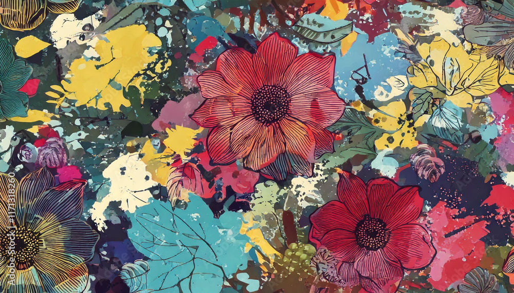 Floral pattern with flowers and butterflies on the wall in vibrant colors Floral pattern with flowers and butterflies on the wall in vibrant colors