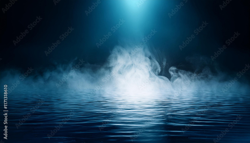 Water surface with magic neon glow from inside and smoke on top. Mystery dark background Water surface with magic neon glow from inside and smoke on top. Mystery dark background