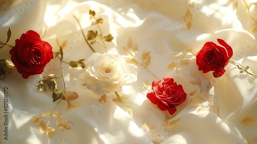 Fototapeta Naklejka Na Ścianę i Meble -  Elegant cream and red roses on a flowing cream fabric with gold details.