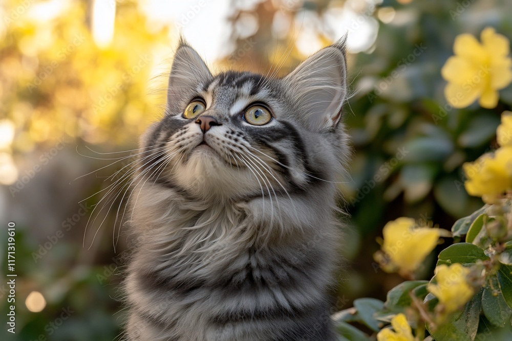 Kitten looking up near yellow flowers. Kitten looking up near yellow flowers.