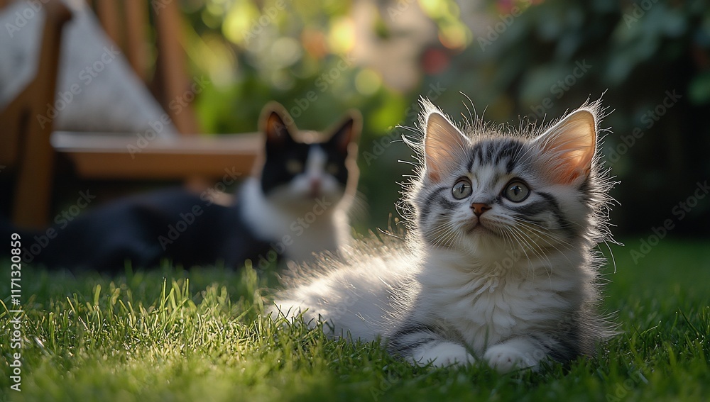 Kitten and cat bask in sunny garden. Kitten and cat bask in sunny garden.