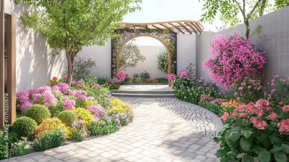 Rose garden flat design front view nature theme 3D render colored pastel Rose garden flat design front view nature theme 3D render colored pastel