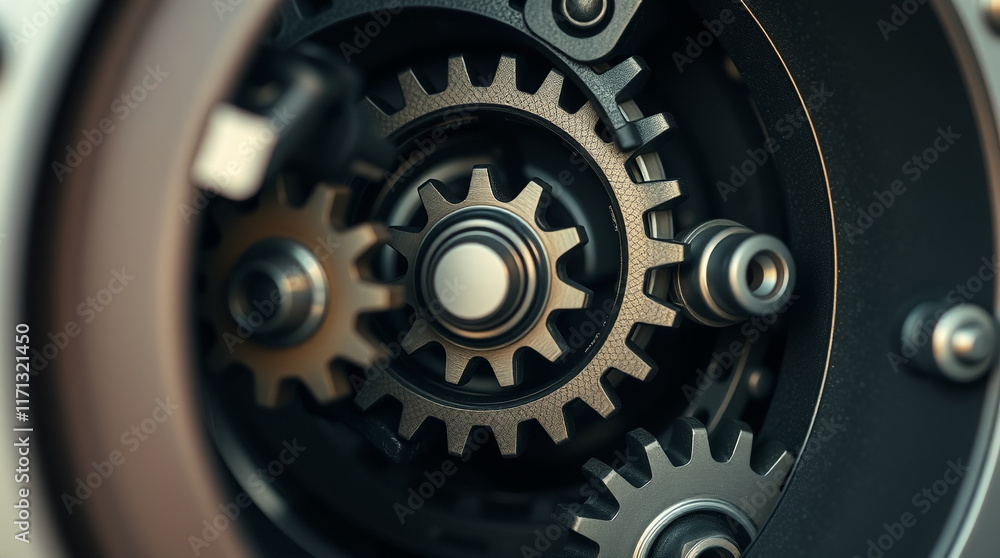 Detailed focus on metal gears meshing together inside a machinery mechanism, showcasing precision engineering and mechanical functionality. Detailed focus on metal gears meshing together inside a machinery mechanism, showcasing precision engineering and mechanical functionality.